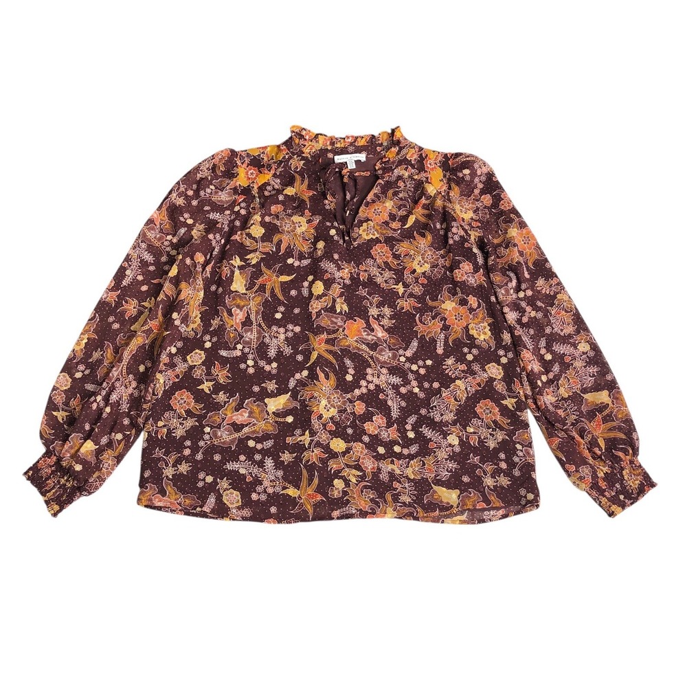 Maison d'Amelie Blouse Womens M Brown Floral Ruffle Tie Neck Boho Cottagecore